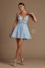 N E711 - Short Shimmer Tulle A-Line Homecoming Dress with 3D Floral Applique V-Neck Bodice Homecoming Nox 4 BAHAMA BLUE 
