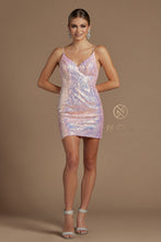 N E712 -Fitted Short Iridescent Patterned Sequin Homecoming Dress with V-Neck & Open Back Homecoming Nox   