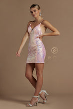 N E712 -Fitted Short Iridescent Patterned Sequin Homecoming Dress with V-Neck & Open Back Homecoming Nox   