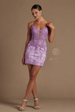N R700 - Short Fitted Glitter Patterned Homecoming Dress with Lace Applique V-Neck Bodice & Open Lace Up Corset Back Homecoming Nox 14 LILAC 