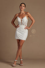 N R700 - Short Fitted Glitter Patterned Homecoming Dress with Lace Applique V-Neck Bodice & Open Lace Up Corset Back Homecoming Nox 14 WHITE 