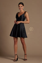 N R701 - Short Satin A-Line Homecoming Dress with Ruched V-Neck Bodice Tying Adjustable Spaghetti Straps & Side Pockets Homecoming Nox   