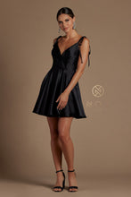 N R701 - Short Satin A-Line Homecoming Dress with Ruched V-Neck Bodice Tying Adjustable Spaghetti Straps & Side Pockets Homecoming Nox 2 BLACK 