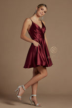 N R701 - Short Satin A-Line Homecoming Dress with Ruched V-Neck Bodice Tying Adjustable Spaghetti Straps & Side Pockets Homecoming Nox 6 BURGUNDY 