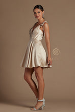N R701 - Short Satin A-Line Homecoming Dress with Ruched V-Neck Bodice Tying Adjustable Spaghetti Straps & Side Pockets Homecoming Nox 14 CHAMPAGNE 