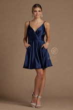 N R701 - Short Satin A-Line Homecoming Dress with Ruched V-Neck Bodice Tying Adjustable Spaghetti Straps & Side Pockets Homecoming Nox 8 NAVY BLUE 