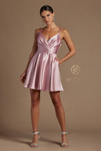 N R701 - Short Satin A-Line Homecoming Dress with Ruched V-Neck Bodice Tying Adjustable Spaghetti Straps & Side Pockets Homecoming Nox 2 ROSE 