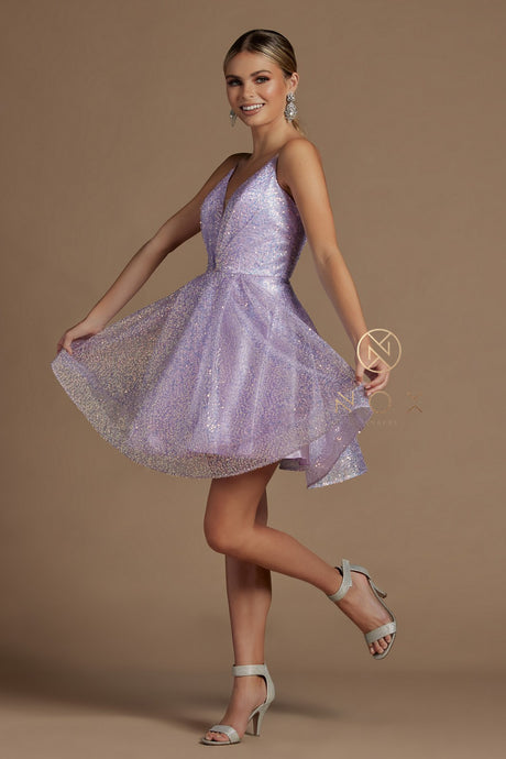 N R703 - Iridescent Sequin A-Line Homecoming Dress with V-Neck Pleated Bodice & Adjustable Spaghetti Straps Homecoming Nox 10 LILAC 