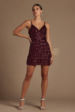 N R706 - Full Sequin Fitted Short Homecoming Dress with V-Neck & Spaghetti Straps Homecoming Nox 2 BURGUNDY 