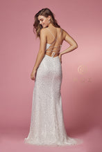 N R1031W - Full Sequins Cowl Neck Fit & Flare Prom Gown with Open Corset Back & Leg Slit Prom Dress Nox 2 WHITE 