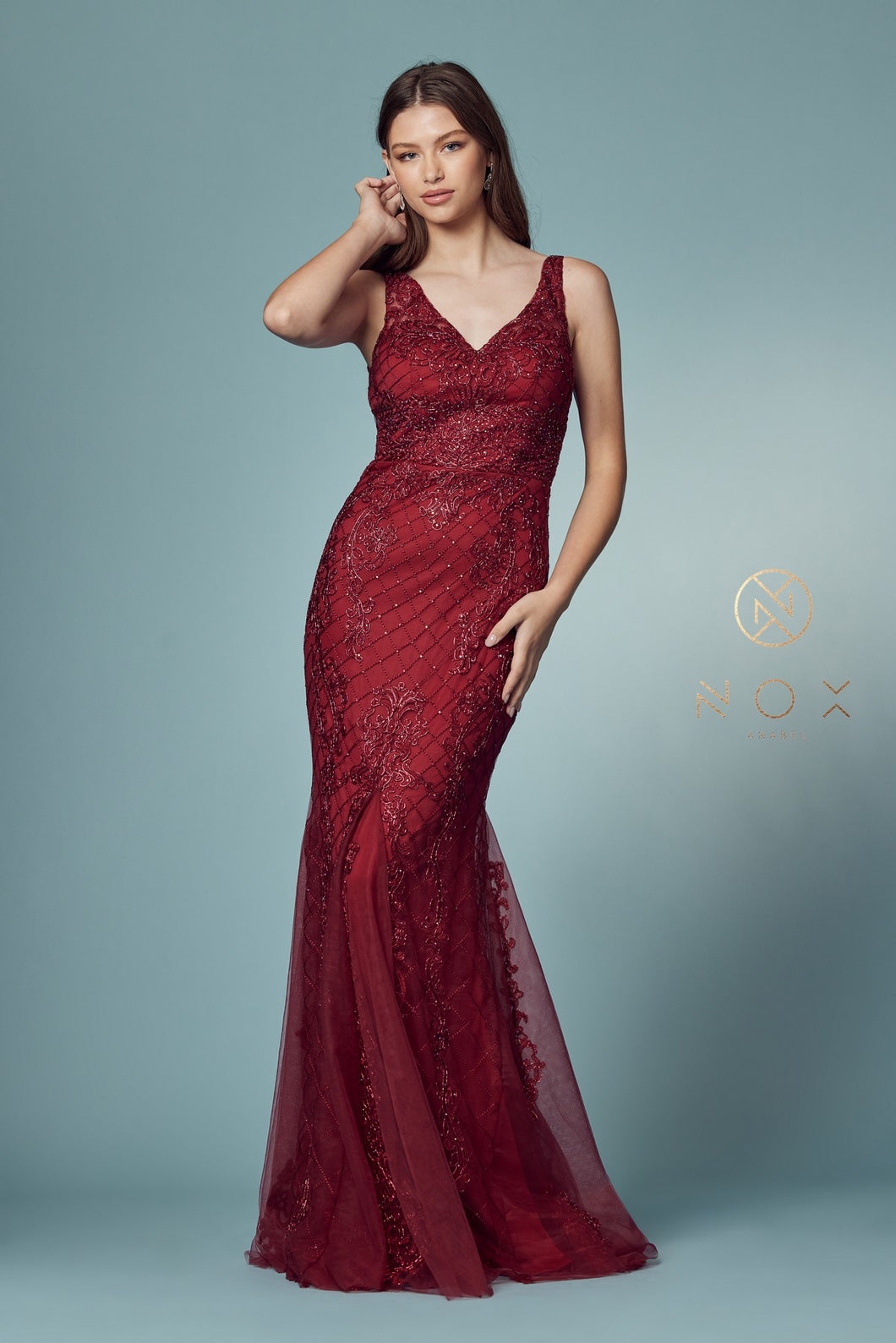N A398 - Bead Lace Appliqued Fit & Flare Prom Gown with V-Neck & Open Back PROM GOWN Nox 4 BURGUNDY 