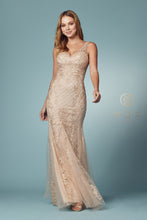 N A398 - Bead Lace Appliqued Fit & Flare Prom Gown with V-Neck & Open Back PROM GOWN Nox 4 GOLD 