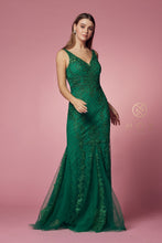 N A398 - Bead Lace Appliqued Fit & Flare Prom Gown with V-Neck & Open Back PROM GOWN Nox 2 GREEN 