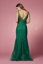 N A398 - Bead Lace Appliqued Fit & Flare Prom Gown with V-Neck & Open Back PROM GOWN Nox   