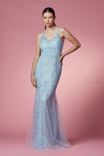 N A398 - Bead Lace Appliqued Fit & Flare Prom Gown with V-Neck & Open Back PROM GOWN Nox 2 LIGHT BLUE 