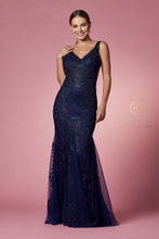 N A398 - Bead Lace Appliqued Fit & Flare Prom Gown with V-Neck & Open Back PROM GOWN Nox 2 NAVY BLUE 
