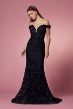 N C439 - Off The Shoulder Bead Embellished Lace Fit & Flare Prom Gown with Sheer Boned V-Neck Bodice & Train Dresses Nox   