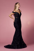 N C439 - Off The Shoulder Bead Embellished Lace Fit & Flare Prom Gown with Sheer Boned V-Neck Bodice & Train Dresses Nox 4 BLACK 