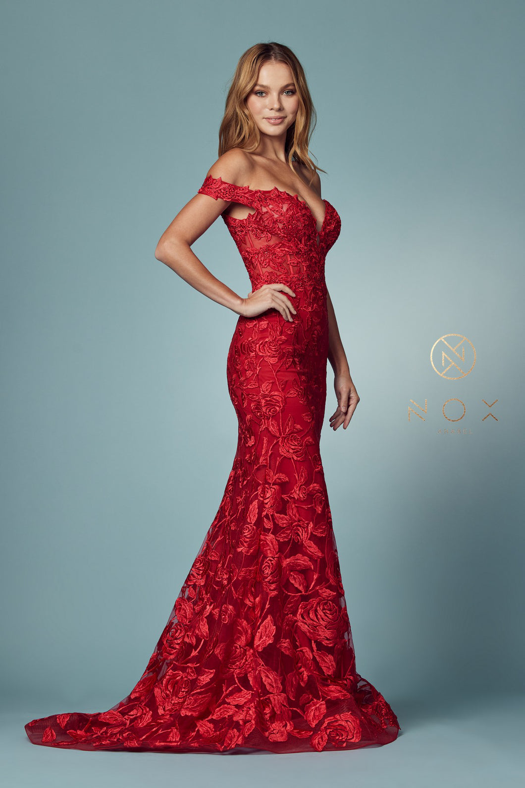 N C439 - Off The Shoulder Bead Embellished Lace Fit & Flare Prom Gown with Sheer Boned V-Neck Bodice & Train Dresses Nox 4 RED 