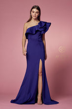 N E467 - Jersey Knit One Shoulder Fit & Flare Prom Gown with Ruffled Sleeve & Leg Slit Prom Dress Nox 2 ROYAL BLUE 