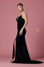N R433 - Full Sequin Fit & Flare Prom Gown with V-Neck Open Corset Back & Leg Slit Prom Dress Nox   