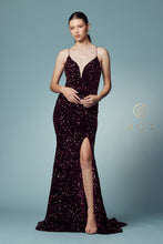 N R433 - Full Sequin Fit & Flare Prom Gown with V-Neck Open Corset Back & Leg Slit Prom Dress Nox   