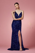 N R433 - Full Sequin Fit & Flare Prom Gown with V-Neck Open Corset Back & Leg Slit Prom Dress Nox 6 ROYAL BLUE 