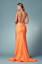N T481 - Scoop Neck Fit & Flare Prom Gown High Leg Slit & Strappy Open Corset Back PROM GOWN Nox 2 NEON ORANGE 