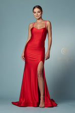 N T481 - Scoop Neck Fit & Flare Prom Gown High Leg Slit & Strappy Open Corset Back PROM GOWN Nox 2 RED 
