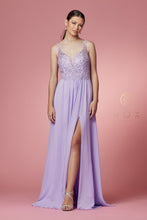 N Y299 - A-Line Prom Gown with Beaded Lace Bodice Leg Slit & Flowy Chiffon Skirt PROM GOWN Nox XS LILAC 