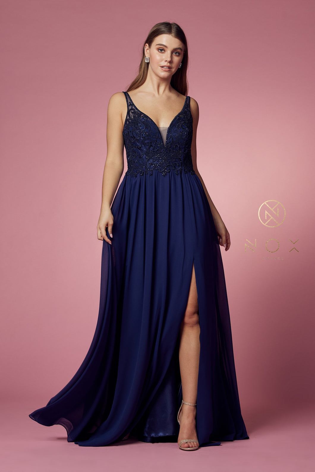 N Y299 - A-Line Prom Gown with Beaded Lace Bodice Leg Slit & Flowy Chiffon Skirt PROM GOWN Nox XS NAVY 