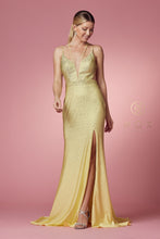 N E1003 - Rhinestone Embellished Fit & Flare Prom Gown with Plunging V-Neck Leg Slit & Open Strappy Back Prom Gown Nox 2 LEMON 