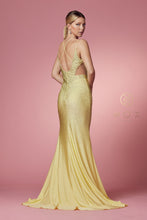 N E1003 - Rhinestone Embellished Fit & Flare Prom Gown with Plunging V-Neck Leg Slit & Open Strappy Back Prom Gown Nox   