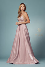 N E1004 - Metallic A-Line Prom Gown with Sheer Floral Embroidered Bodice  & Open Back Prom Gown Nox 2 MAUVE 