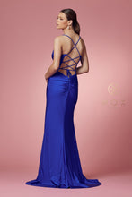 N E1007 - Stretch Jersey Fit & Flare Prom Gown with Bateau Neck & Open Corset Back Prom Gown Nox 2 COBALT BLUE 