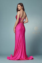 N E1038 - Rhinestone Embellished Fit & Flare Prom Gown with Corset Back & Leg Slit Prom Gown Nox   