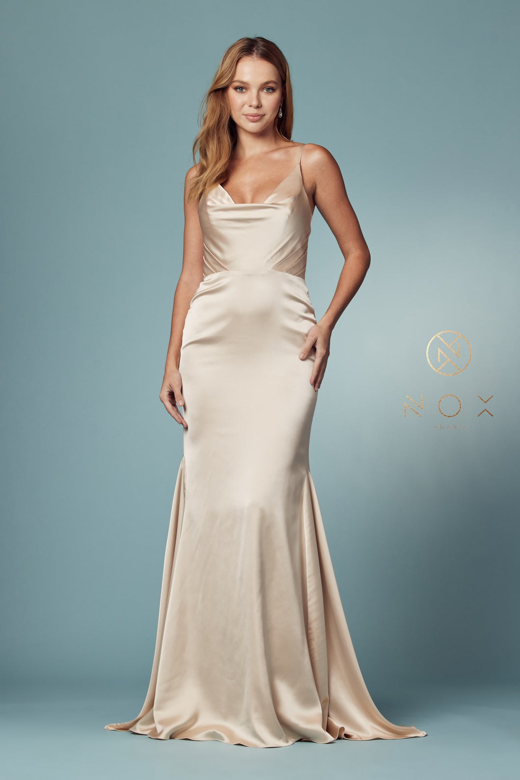 N R1026 - Satin Cowl Neck Fit & Flare Prom Gown with Layered – Diggz Prom