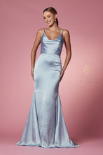 N R1026 - Satin Cowl Neck Fit & Flare Prom Gown with Layered Bodice Prom Dress Nox 6 DUSTY BLUE 