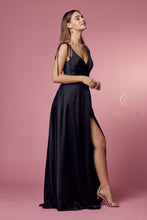 N R1029 - Wrapped Satin V-Neck A-Line Prom Gown with Tied Straps & Leg Slit Prom Dress Nox 2 BLACK 