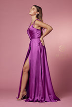 N R1029 - Wrapped Satin V-Neck A-Line Prom Gown with Tied Straps & Leg Slit Prom Dress Nox   
