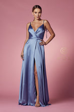 N R1029 - Wrapped Satin V-Neck A-Line Prom Gown with Tied Straps & Leg Slit Prom Dress Nox   