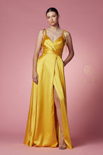 N R1029 - Wrapped Satin V-Neck A-Line Prom Gown with Tied Straps & Leg Slit Prom Dress Nox 2 SUNFLOWER 