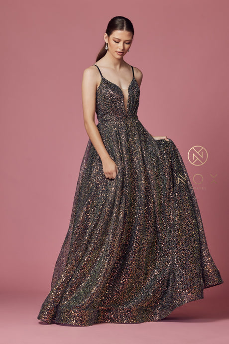 N R1030  Black Multi Glitter Tulle A-Line Ball Gown with Illusion V-Neck & Spaghetti Straps PROM GOWN Nox   