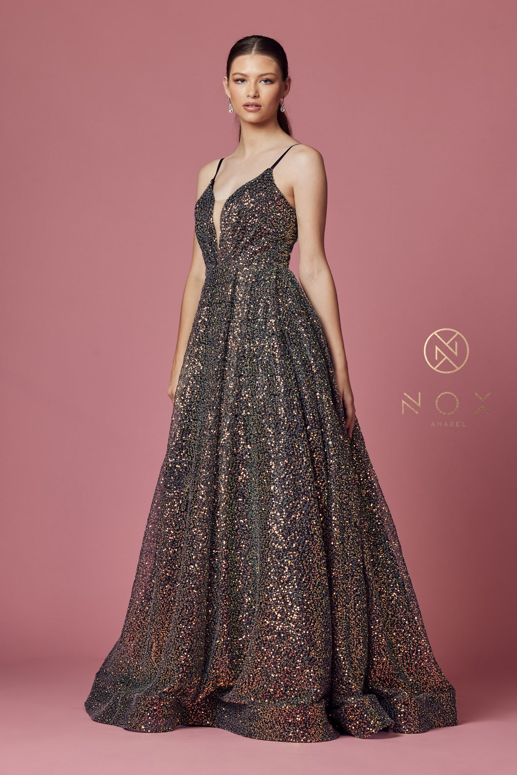 N R1030  Black Multi Glitter Tulle A-Line Ball Gown with Illusion V-Neck & Spaghetti Straps Prom Dress Nox 2 BLACK MULTI 