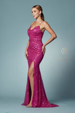 N R1031 - Full Sequins Cowl Neck Fit & Flare Prom Gown with Open Corset Back & Leg Slit Prom Dress Nox   