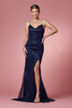 N R1031 - Full Sequins Cowl Neck Fit & Flare Prom Gown with Open Corset Back & Leg Slit Prom Dress Nox 2 NAVY BLUE 