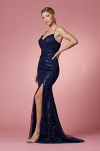 N R1031 - Full Sequins Cowl Neck Fit & Flare Prom Gown with Open Corset Back & Leg Slit Prom Dress Nox   
