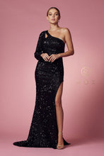 N S1013 - Full Sequins One Shoulder with Cut Out Fit & Flare Prom Gown with Open Back & Leg Slit Prom Dress Nox   