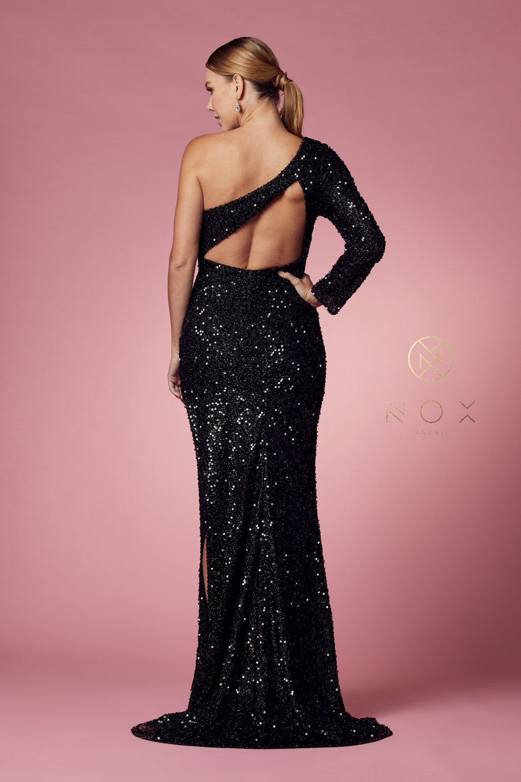 N S1013 - Full Sequins One Shoulder with Cut Out Fit & Flare Prom Gown with Open Back & Leg Slit Prom Dress Nox 2 BLACK 