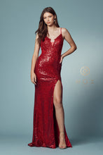 N S1016 - Full Sequin Fit & Flare Prom Gown with Sheer Embellished Bodice Detailed Open Back & Leg Slit PROM GOWN Nox 2 RED 